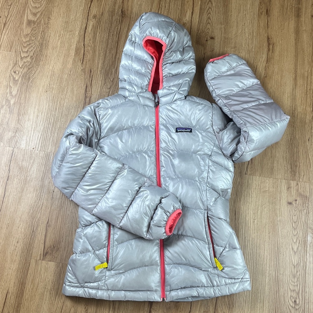 Patagonia Girls Down Sweater Hoody Gray Pink Jacket Size L (12)